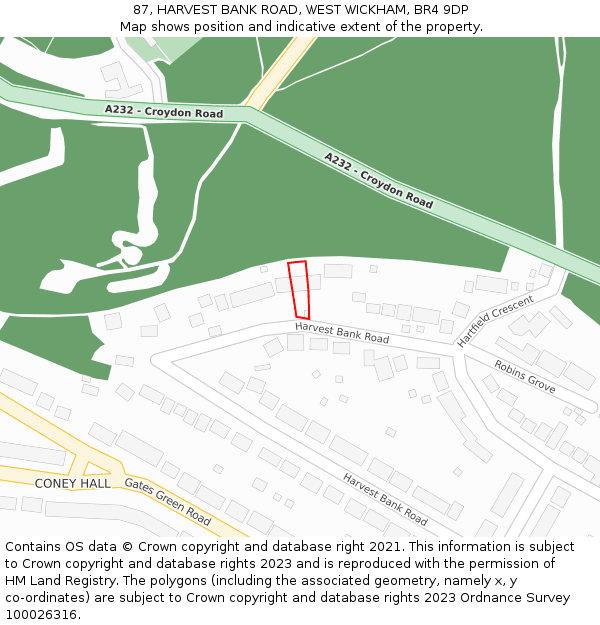 87, HARVEST BANK ROAD, WEST WICKHAM, BR4 9DP: Location map and indicative extent of plot