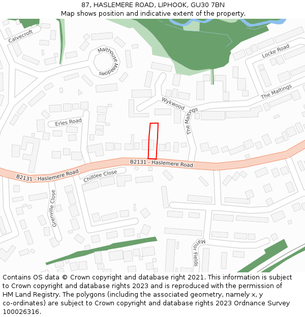 87, HASLEMERE ROAD, LIPHOOK, GU30 7BN: Location map and indicative extent of plot