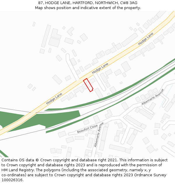 87, HODGE LANE, HARTFORD, NORTHWICH, CW8 3AG: Location map and indicative extent of plot
