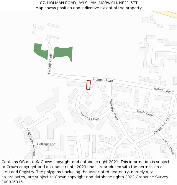 87, HOLMAN ROAD, AYLSHAM, NORWICH, NR11 6BT: Location map and indicative extent of plot