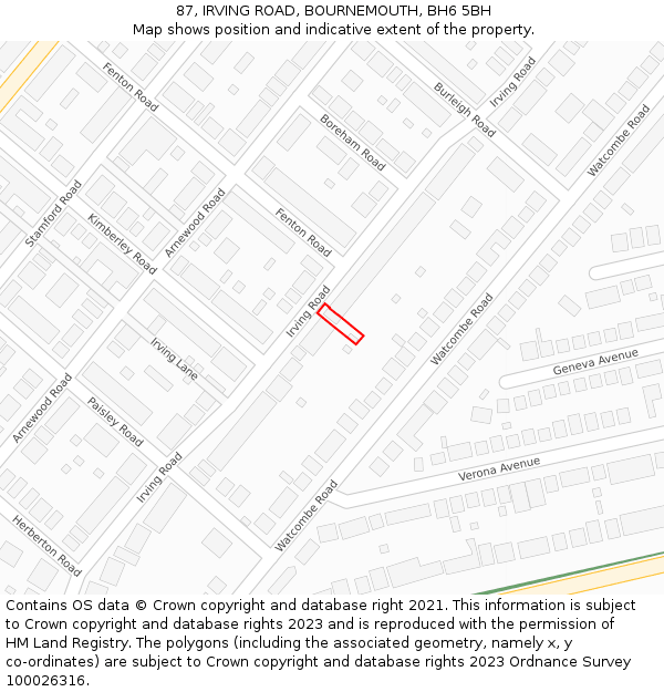 87, IRVING ROAD, BOURNEMOUTH, BH6 5BH: Location map and indicative extent of plot