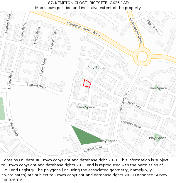 87, KEMPTON CLOSE, BICESTER, OX26 1AD: Location map and indicative extent of plot
