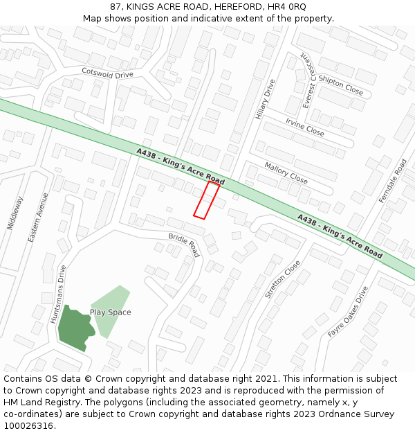 87, KINGS ACRE ROAD, HEREFORD, HR4 0RQ: Location map and indicative extent of plot