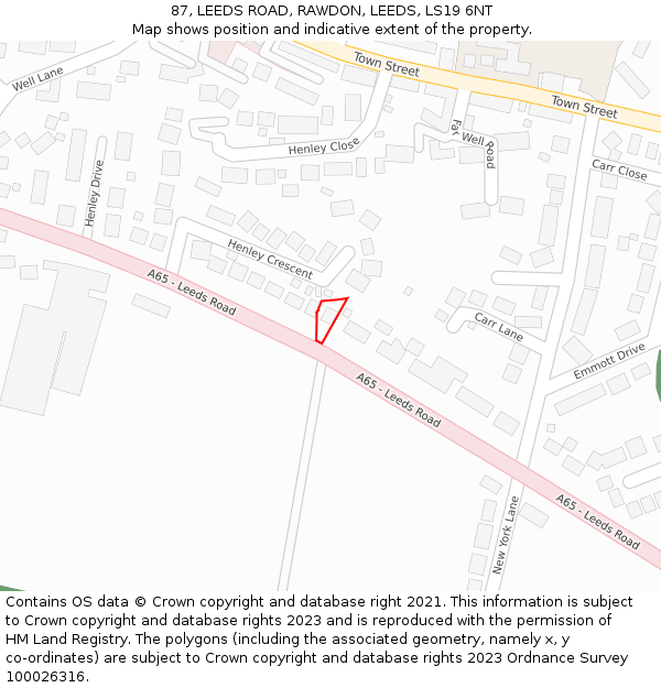 87, LEEDS ROAD, RAWDON, LEEDS, LS19 6NT: Location map and indicative extent of plot