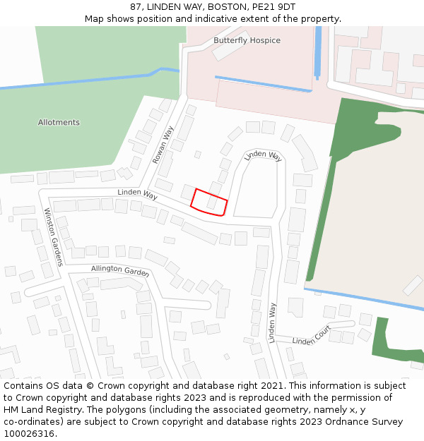 87, LINDEN WAY, BOSTON, PE21 9DT: Location map and indicative extent of plot