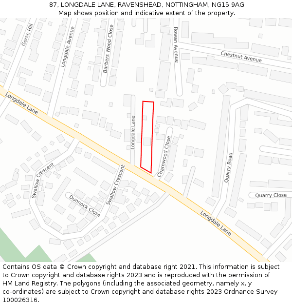 87, LONGDALE LANE, RAVENSHEAD, NOTTINGHAM, NG15 9AG: Location map and indicative extent of plot