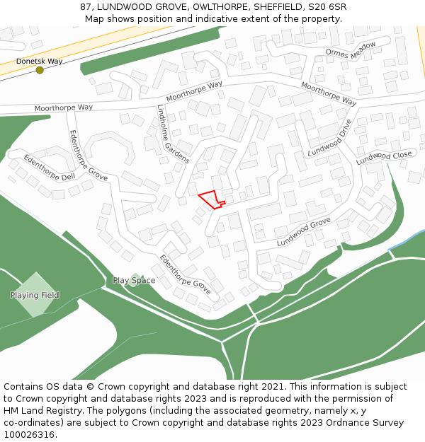 87, LUNDWOOD GROVE, OWLTHORPE, SHEFFIELD, S20 6SR: Location map and indicative extent of plot