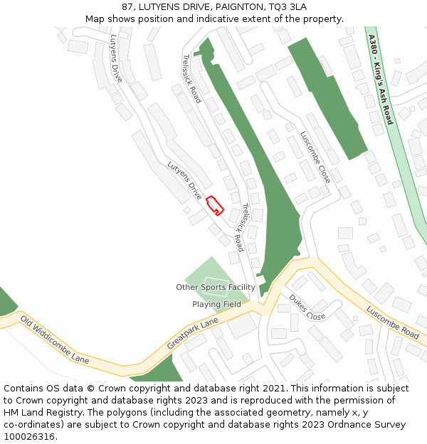 87, LUTYENS DRIVE, PAIGNTON, TQ3 3LA: Location map and indicative extent of plot
