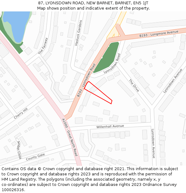 87, LYONSDOWN ROAD, NEW BARNET, BARNET, EN5 1JT: Location map and indicative extent of plot