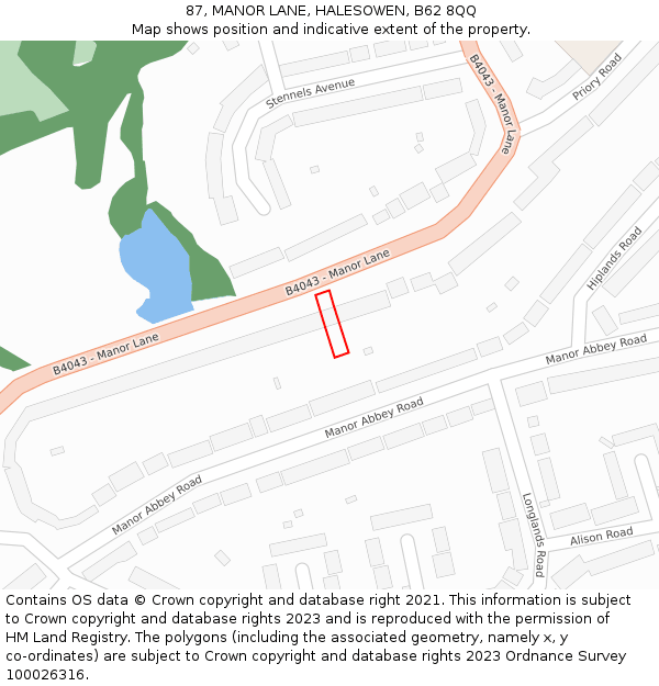 87, MANOR LANE, HALESOWEN, B62 8QQ: Location map and indicative extent of plot