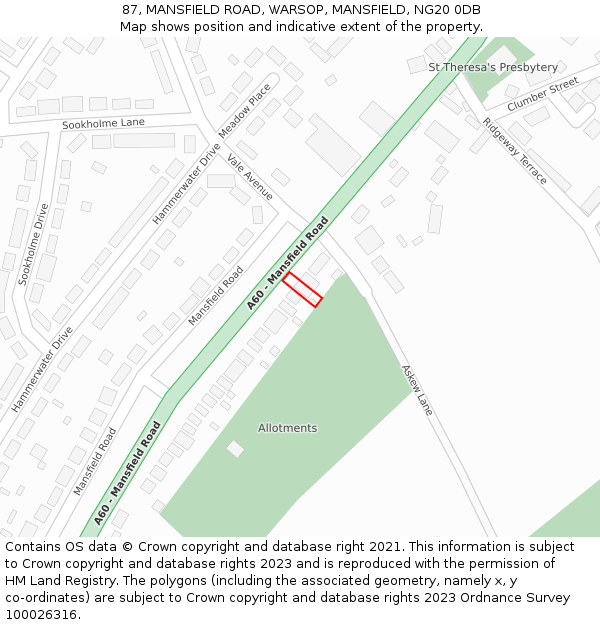 87, MANSFIELD ROAD, WARSOP, MANSFIELD, NG20 0DB: Location map and indicative extent of plot