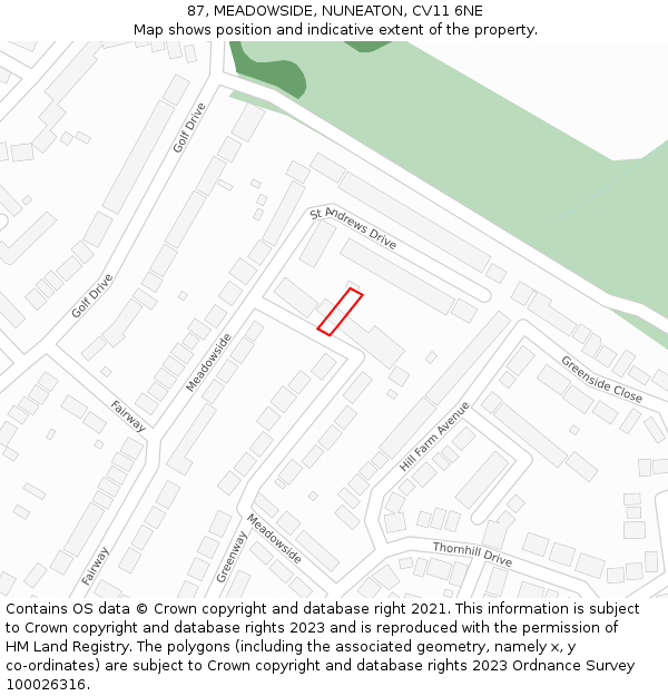 87, MEADOWSIDE, NUNEATON, CV11 6NE: Location map and indicative extent of plot