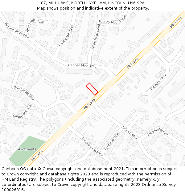 87, MILL LANE, NORTH HYKEHAM, LINCOLN, LN6 9PA: Location map and indicative extent of plot