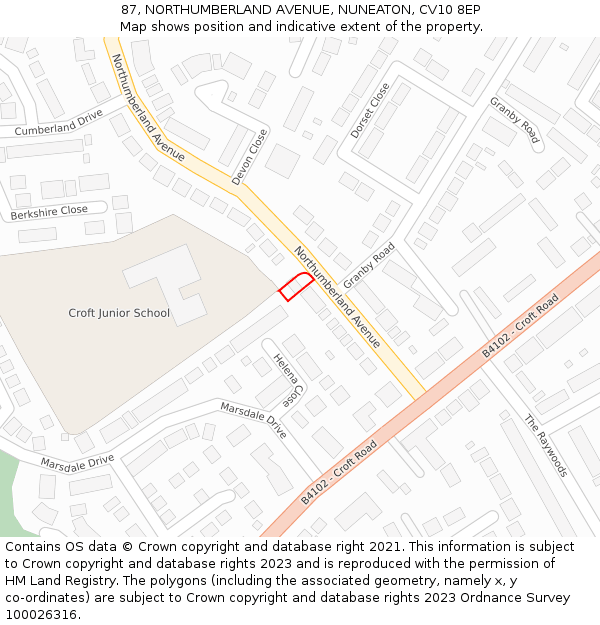 87, NORTHUMBERLAND AVENUE, NUNEATON, CV10 8EP: Location map and indicative extent of plot