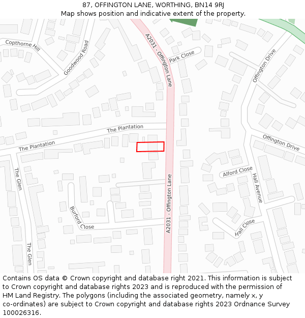 87, OFFINGTON LANE, WORTHING, BN14 9RJ: Location map and indicative extent of plot