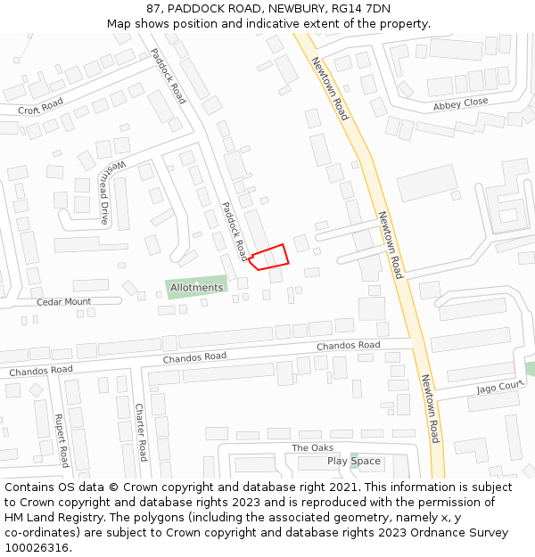 87, PADDOCK ROAD, NEWBURY, RG14 7DN: Location map and indicative extent of plot