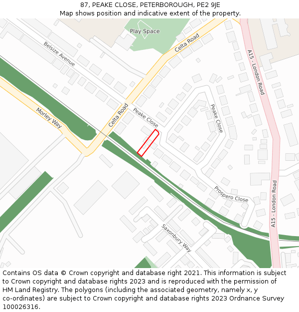 87, PEAKE CLOSE, PETERBOROUGH, PE2 9JE: Location map and indicative extent of plot