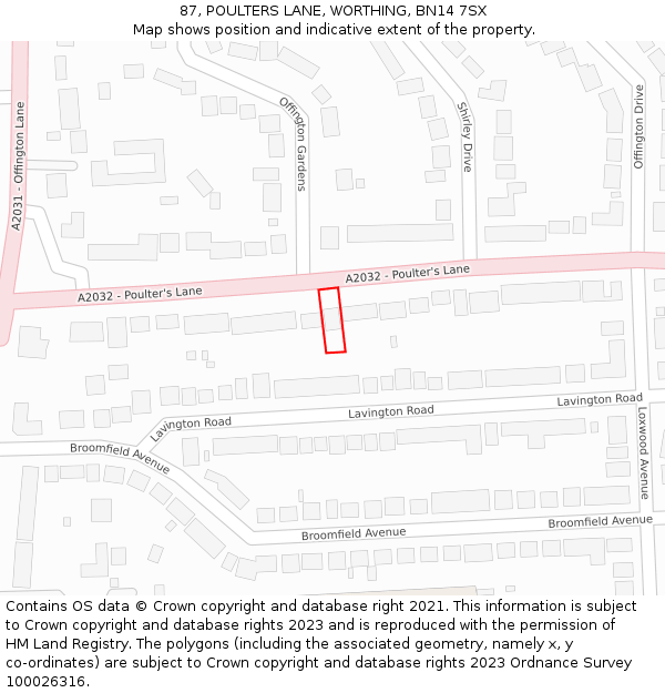 87, POULTERS LANE, WORTHING, BN14 7SX: Location map and indicative extent of plot