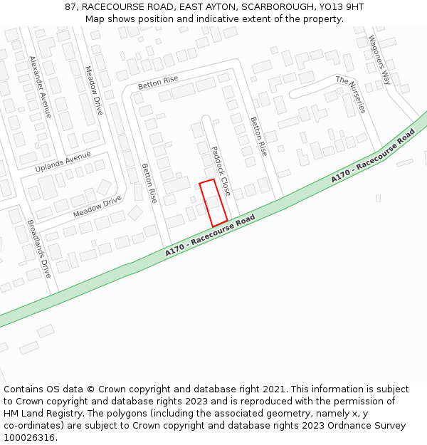 87, RACECOURSE ROAD, EAST AYTON, SCARBOROUGH, YO13 9HT: Location map and indicative extent of plot