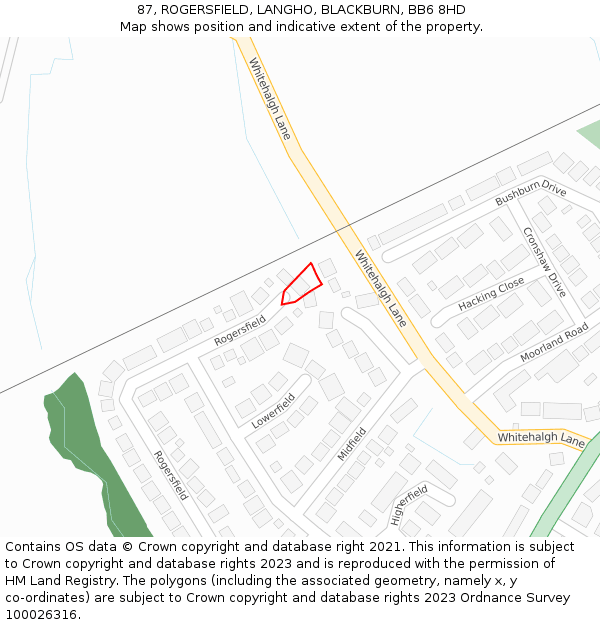 87, ROGERSFIELD, LANGHO, BLACKBURN, BB6 8HD: Location map and indicative extent of plot