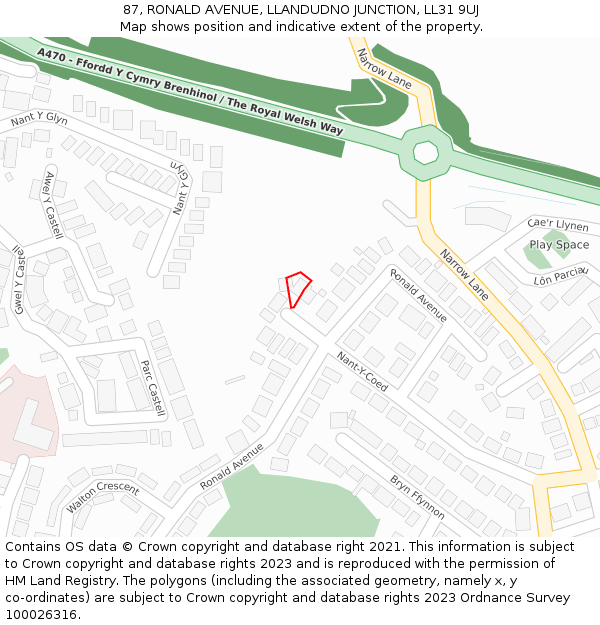 87, RONALD AVENUE, LLANDUDNO JUNCTION, LL31 9UJ: Location map and indicative extent of plot