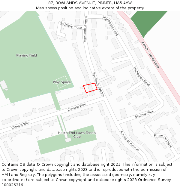 87, ROWLANDS AVENUE, PINNER, HA5 4AW: Location map and indicative extent of plot