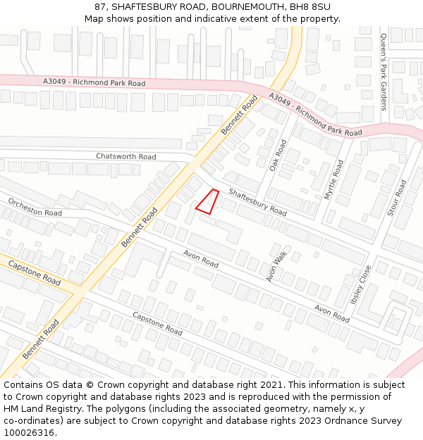 87, SHAFTESBURY ROAD, BOURNEMOUTH, BH8 8SU: Location map and indicative extent of plot