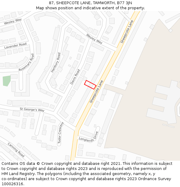 87, SHEEPCOTE LANE, TAMWORTH, B77 3JN: Location map and indicative extent of plot