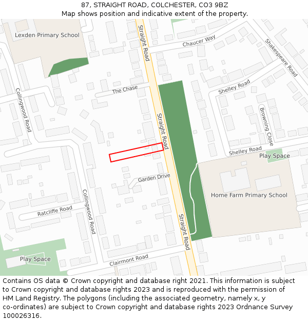 87, STRAIGHT ROAD, COLCHESTER, CO3 9BZ: Location map and indicative extent of plot