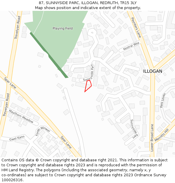 87, SUNNYSIDE PARC, ILLOGAN, REDRUTH, TR15 3LY: Location map and indicative extent of plot