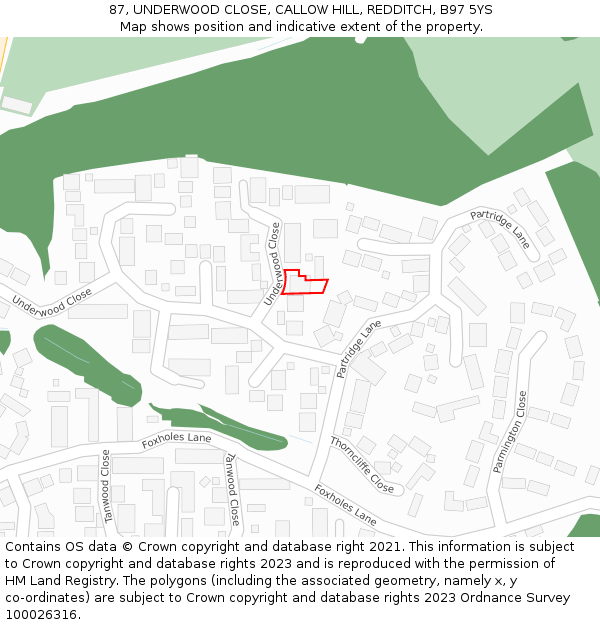 87, UNDERWOOD CLOSE, CALLOW HILL, REDDITCH, B97 5YS: Location map and indicative extent of plot