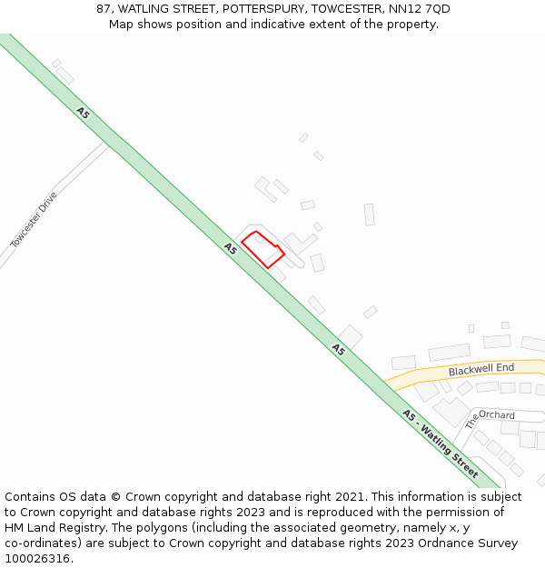87, WATLING STREET, POTTERSPURY, TOWCESTER, NN12 7QD: Location map and indicative extent of plot