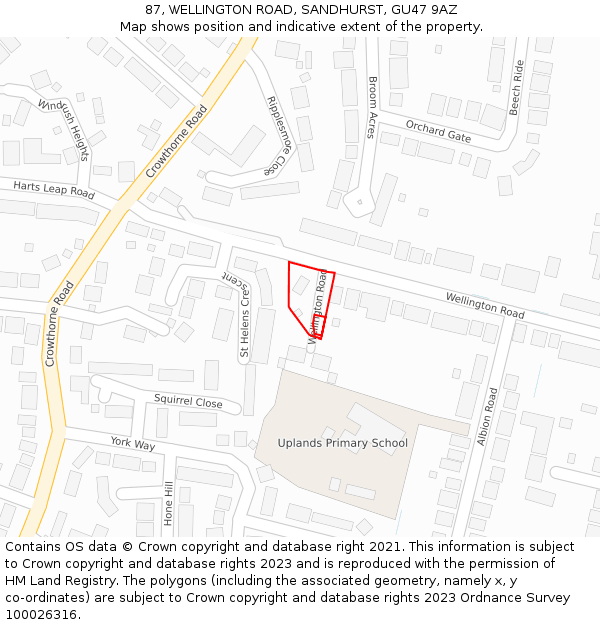 87, WELLINGTON ROAD, SANDHURST, GU47 9AZ: Location map and indicative extent of plot