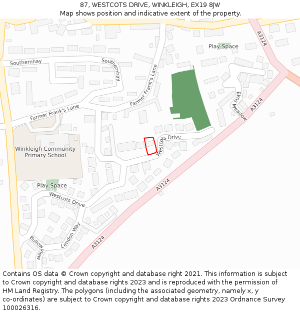 87, WESTCOTS DRIVE, WINKLEIGH, EX19 8JW: Location map and indicative extent of plot
