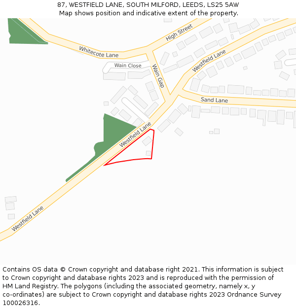 87, WESTFIELD LANE, SOUTH MILFORD, LEEDS, LS25 5AW: Location map and indicative extent of plot