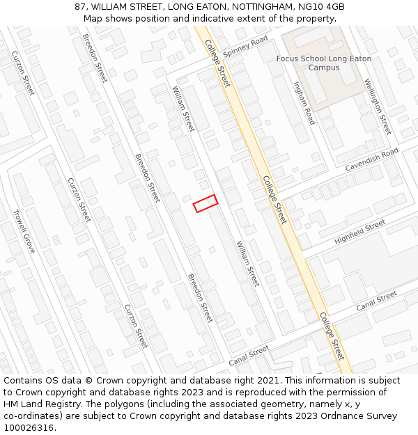 87, WILLIAM STREET, LONG EATON, NOTTINGHAM, NG10 4GB: Location map and indicative extent of plot