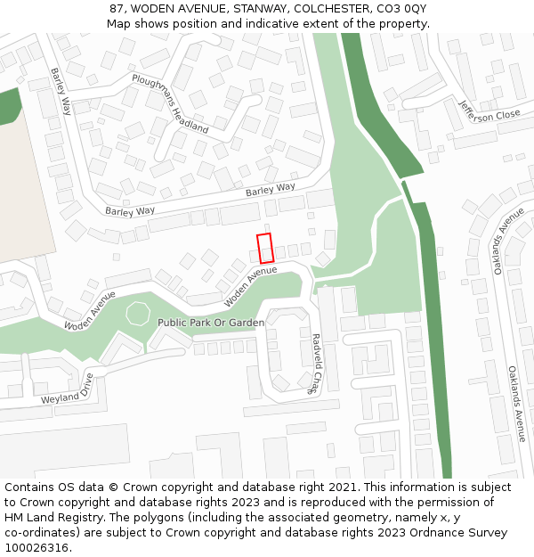 87, WODEN AVENUE, STANWAY, COLCHESTER, CO3 0QY: Location map and indicative extent of plot