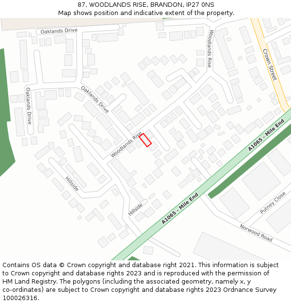 87, WOODLANDS RISE, BRANDON, IP27 0NS: Location map and indicative extent of plot