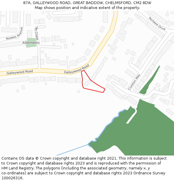 87A, GALLEYWOOD ROAD, GREAT BADDOW, CHELMSFORD, CM2 8DW: Location map and indicative extent of plot