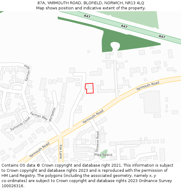 87A, YARMOUTH ROAD, BLOFIELD, NORWICH, NR13 4LQ: Location map and indicative extent of plot