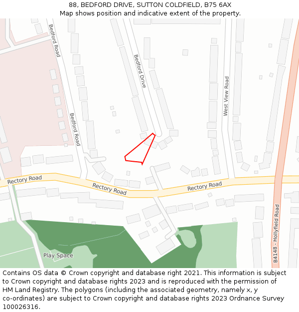 88, BEDFORD DRIVE, SUTTON COLDFIELD, B75 6AX: Location map and indicative extent of plot