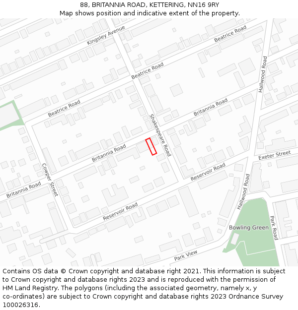 88, BRITANNIA ROAD, KETTERING, NN16 9RY: Location map and indicative extent of plot