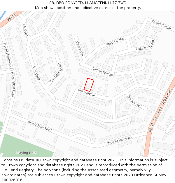 88, BRO EDNYFED, LLANGEFNI, LL77 7WD: Location map and indicative extent of plot