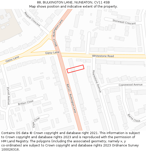 88, BULKINGTON LANE, NUNEATON, CV11 4SB: Location map and indicative extent of plot