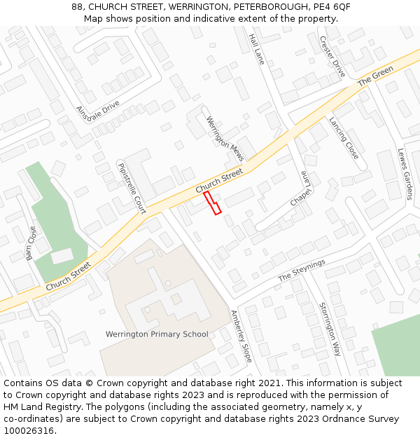 88, CHURCH STREET, WERRINGTON, PETERBOROUGH, PE4 6QF: Location map and indicative extent of plot