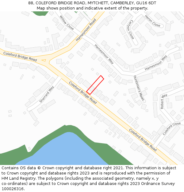 88, COLEFORD BRIDGE ROAD, MYTCHETT, CAMBERLEY, GU16 6DT: Location map and indicative extent of plot