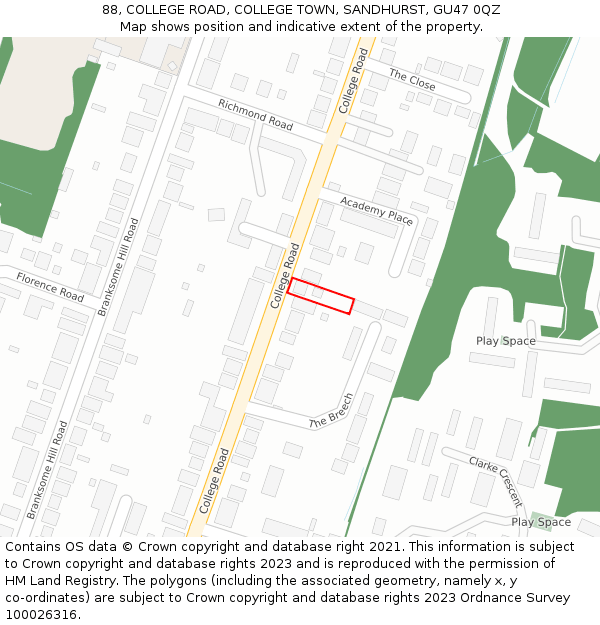 88, COLLEGE ROAD, COLLEGE TOWN, SANDHURST, GU47 0QZ: Location map and indicative extent of plot