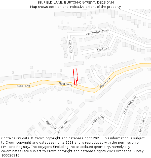 88, FIELD LANE, BURTON-ON-TRENT, DE13 0NN: Location map and indicative extent of plot