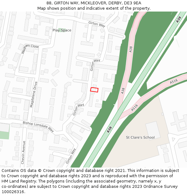 88, GIRTON WAY, MICKLEOVER, DERBY, DE3 9EA: Location map and indicative extent of plot