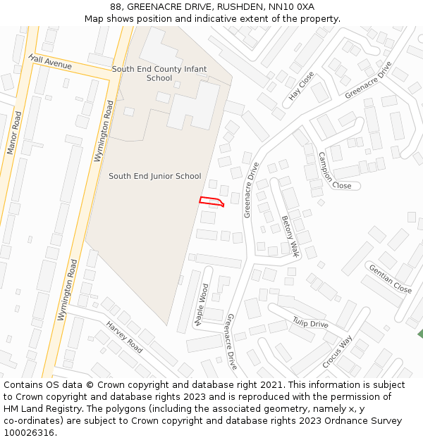 88, GREENACRE DRIVE, RUSHDEN, NN10 0XA: Location map and indicative extent of plot